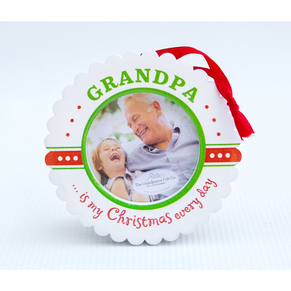 3&quot; scalloped ceramic Grandpa Christmas ornament to hold 2.25&quot; round photo.