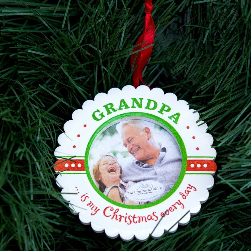 Grandpa Christmas ornament with red satin ribbon for hanging.