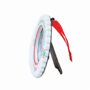 4 of 5:Side view of Grandpa Christmas ornament with easel back for tables and red satin ribbon for hanging.