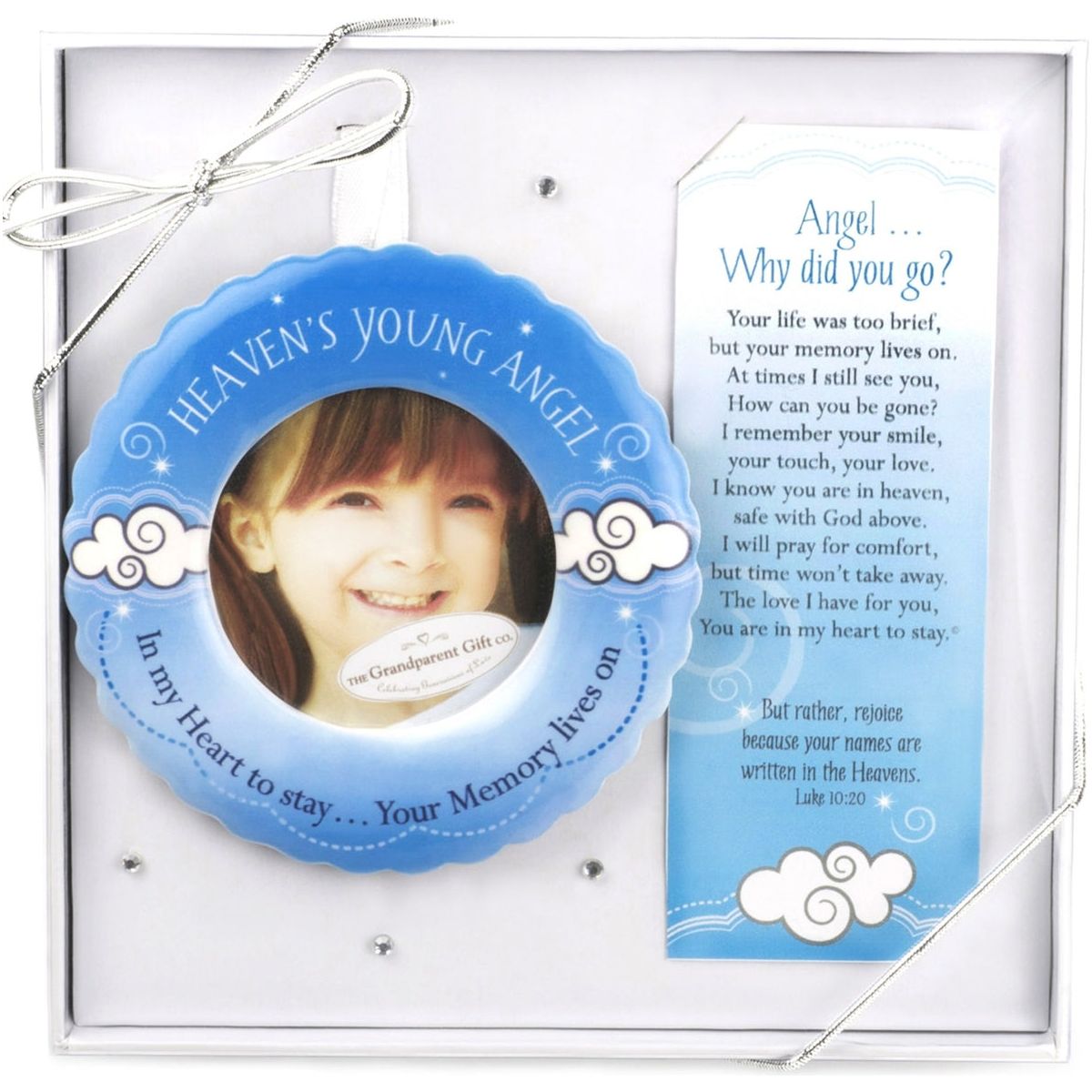 3" scalloped ceramic "Heaven's Young Angel" memorial ornament which holds 2.25 Round Photo with ribbon for hanging. Ornament is gift boxed with "Angel... Why did you go" poem in a white box with a clear lid.