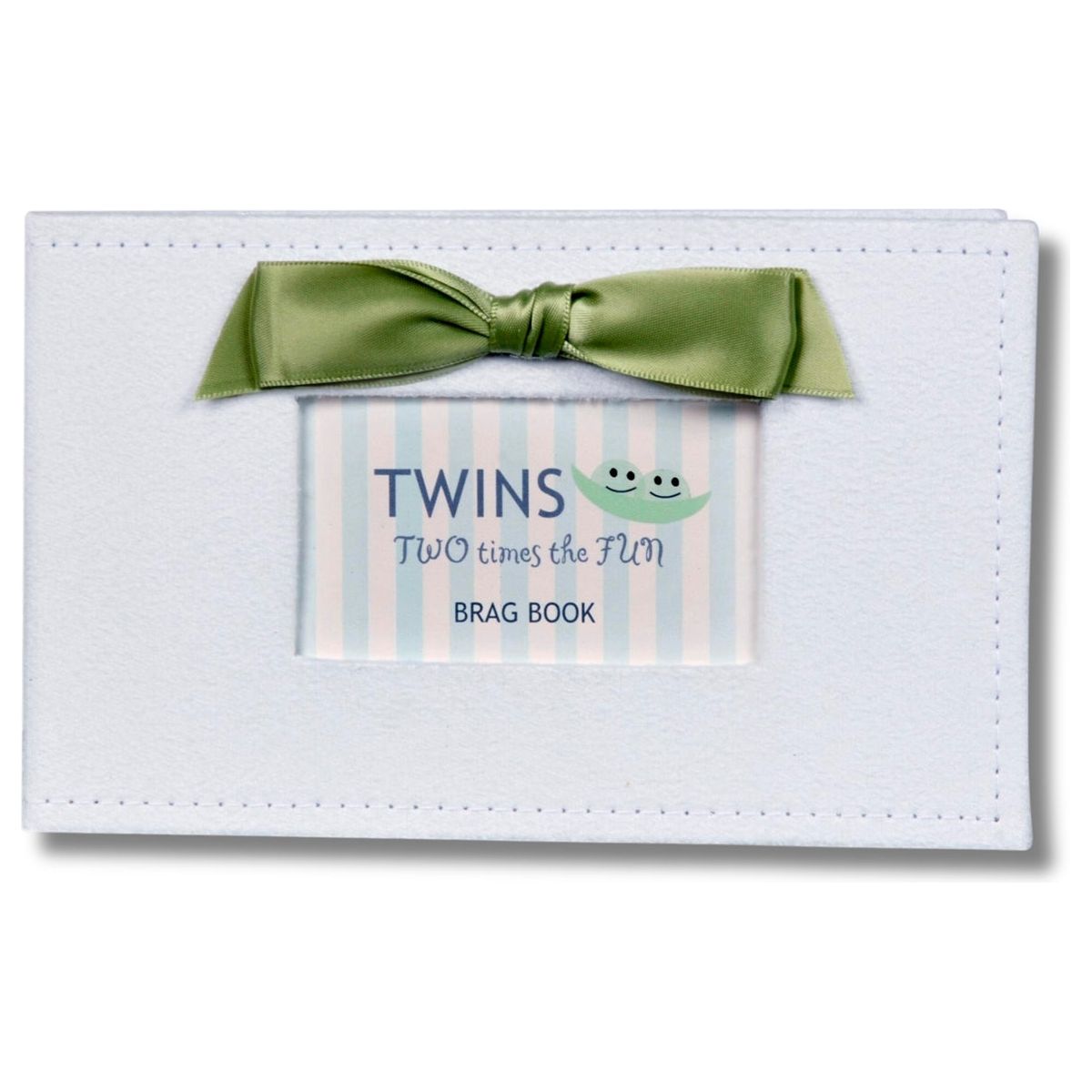 White faux suede photo album with green satin bow and a window with sentiment artwork showing.