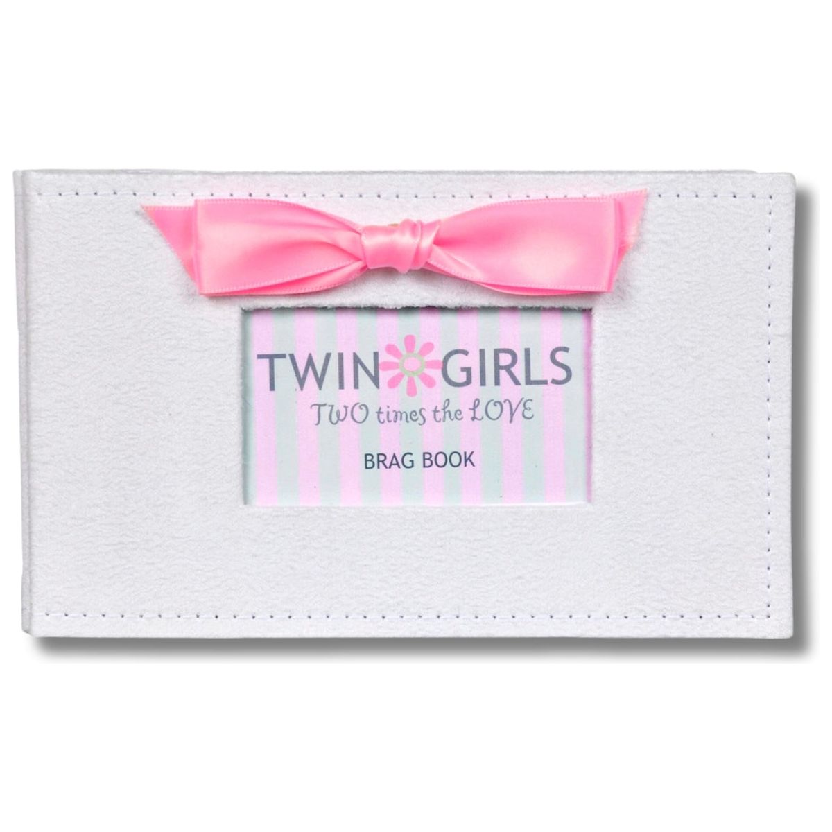 White faux suede photo album with pink satin bow and a window with sentiment artwork showing.