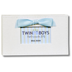 1 of 5:White faux suede photo album with blue satin bow and a window with sentiment artwork showing.