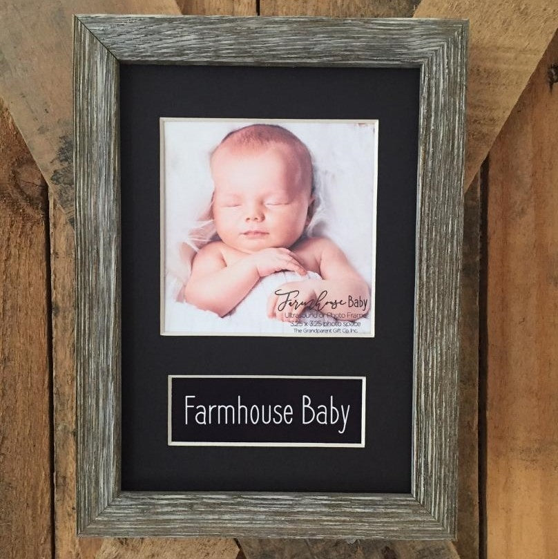 5x7 real wood farmhouse photo frame with a black mat with opening for a 3.25" square photo and "Farmhouse Baby" sentiment.