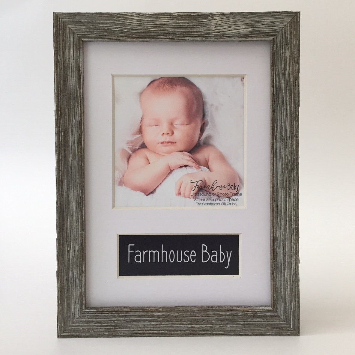5x7 real wood farmhouse photo frame with a white mat with opening for a 3.25&quot; square photo and &quot;Farmhouse Baby&quot; sentiment.