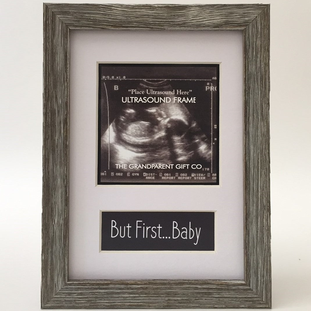 5x7 Farmhouse wood frame with white mat, opening for 3.25&quot;x3.25&quot; photo or ultrasound and &quot;But First...Baby&quot; text