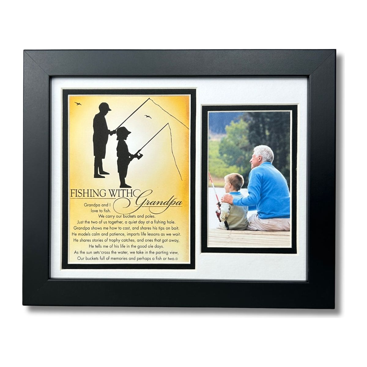 8x10 black frame with white and black double mat, includes "Fishing with Grandpa" artwork with poem and silhoutte of Grandpa and Grandson and space for photo.