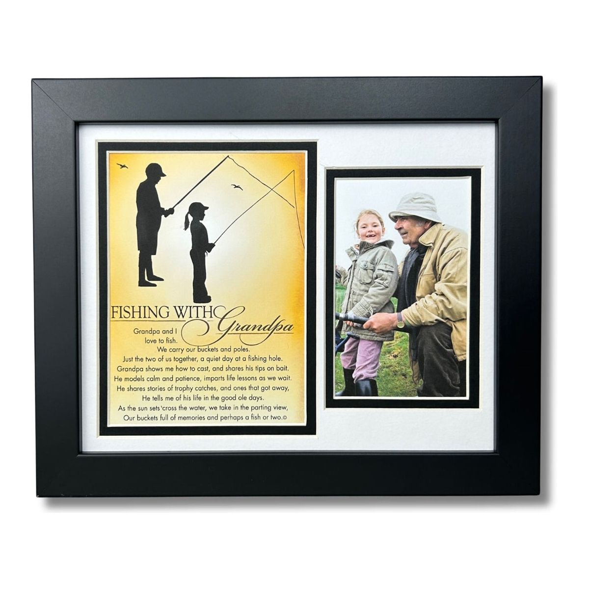 8x10 black frame with white and black double mat, includes &quot;Fishing with Grandpa&quot; artwork with poem and silhoutte of Grandpa and Granddaughter and space for photo.