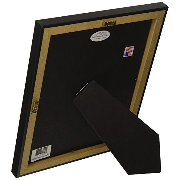 Back of black frame showing easel back and sawtooth hanger.