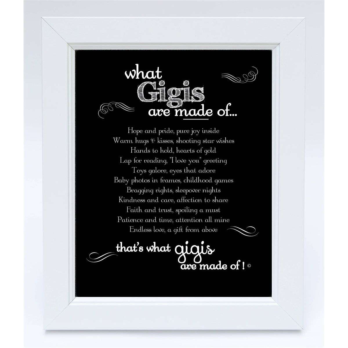 White 8"x10" frame with "What Gigis are Made of..." poem