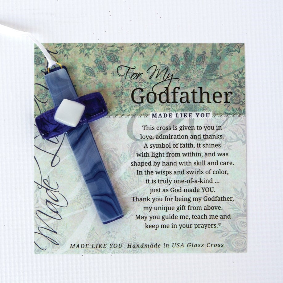 "For My, Godfather" artwork with sentiment and blue glass cross.