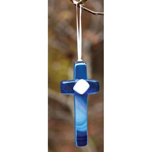 3 of 7:Blue glass cross with white satin ribbon for hanging.