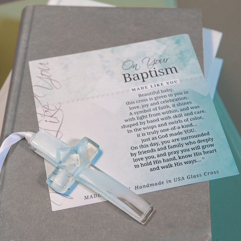 Baptism artwork with sentiment and glass cross.