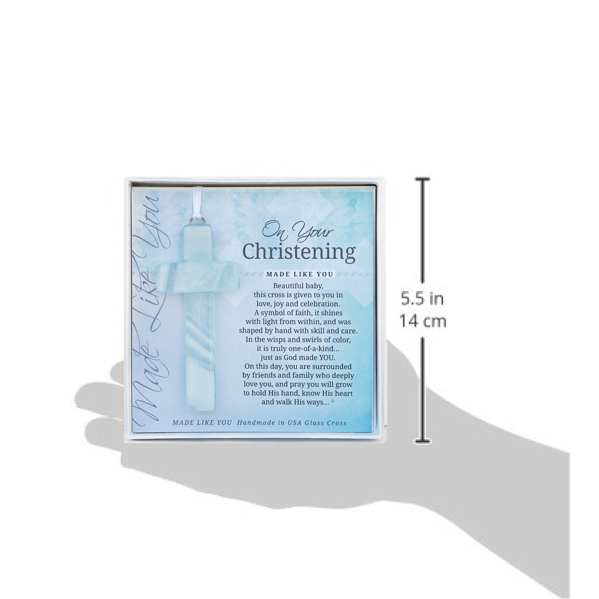 Mock up of christening gift in a hand showing 5.5" dimensions.
