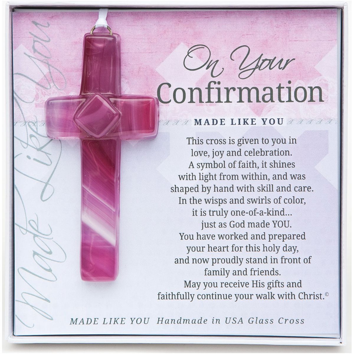 Confirmation Gift - Handmade 4" pink glass cross and "On Your Confirmation" sentiment in white box with clear lid.
