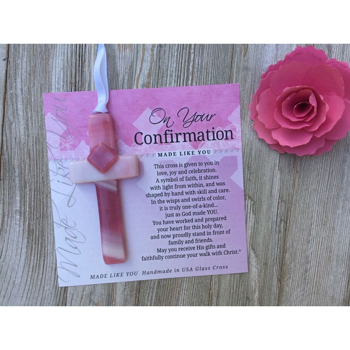 Pink glass cross and artwork with confirmation sentiment gift.