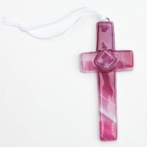 4 of 4:Pink glass cross with white satin ribbon for hanging.