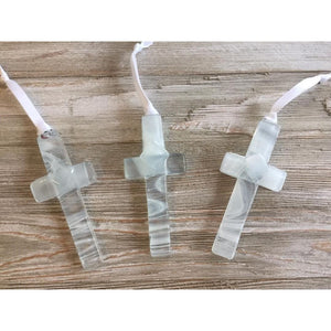 3 of 4:Three white/clear glass handmade glass crosses with white satin ribbons for hanging.