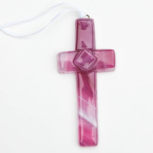 3 of 4:Pink glass cross with white satin ribbon for hanging.