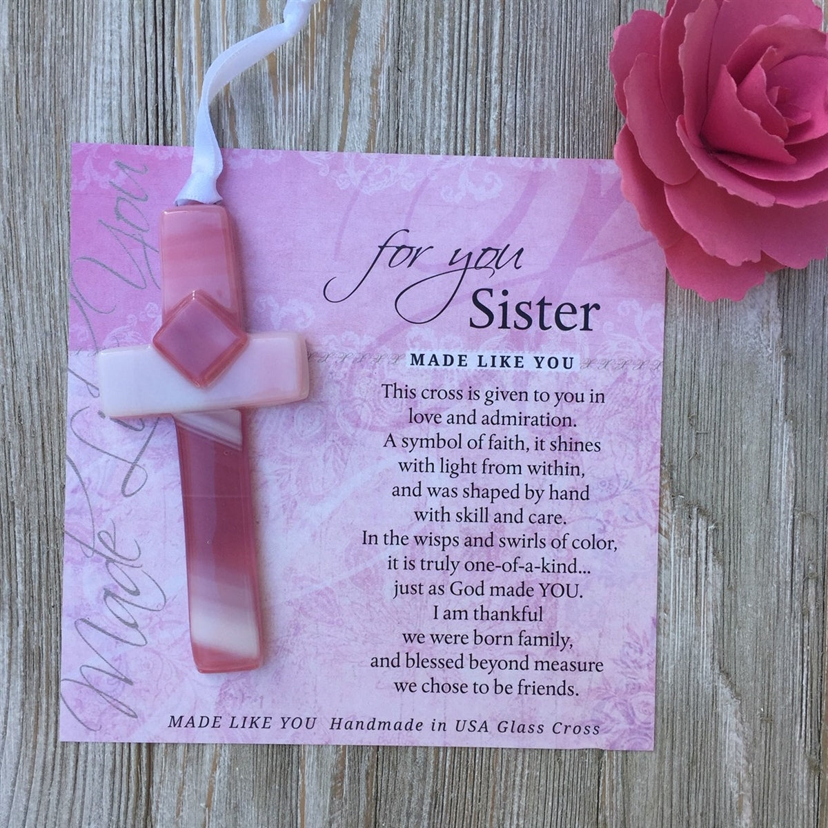Pink glass cross and artwork with "For You, Sister" sentiment gift.