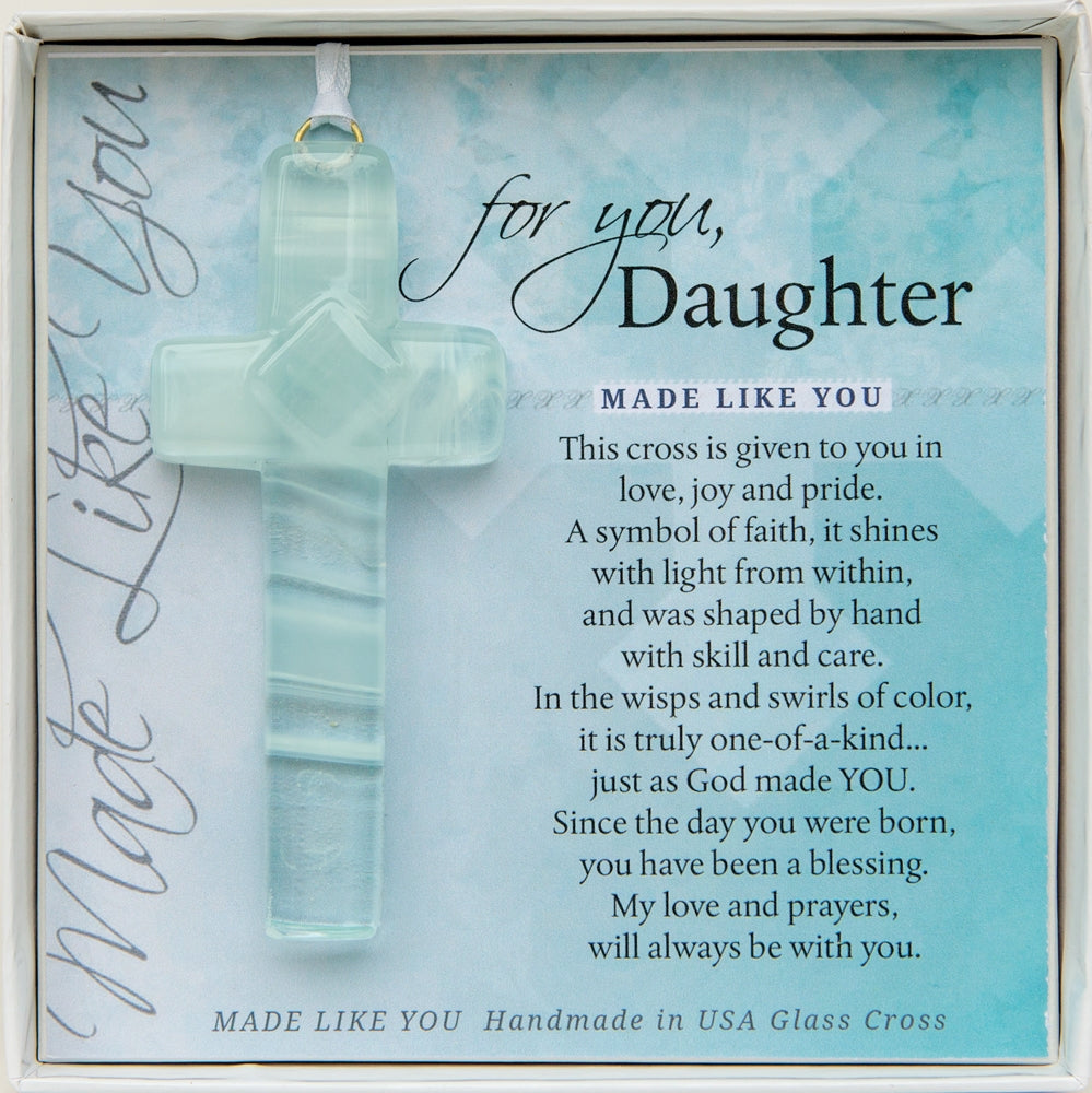 Daughter Gift - Handmade 4" White/Clear glass cross and "For You, Daughter" sentiment in white box with clear lid.