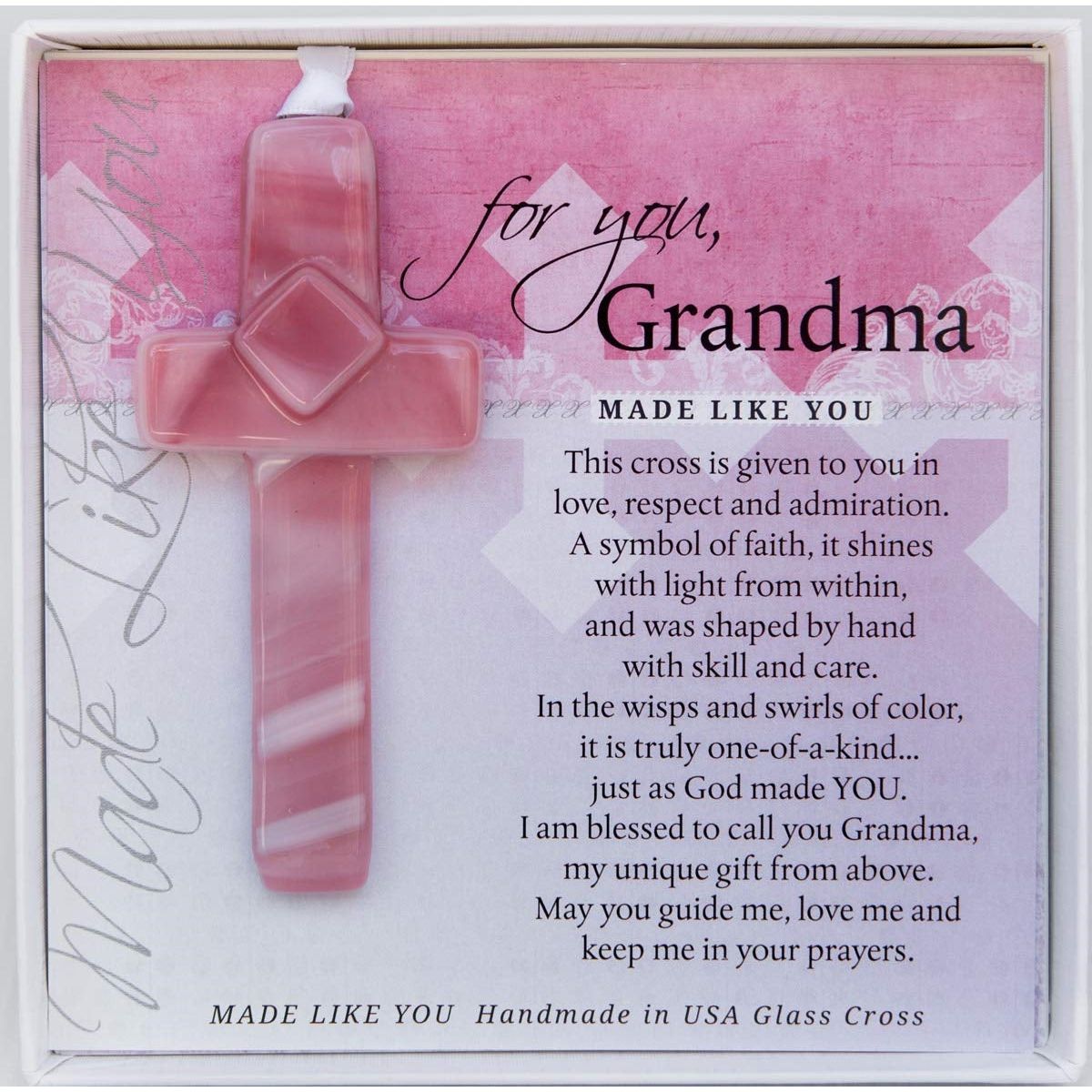 Grandma Gift - Handmade 4" pink glass cross and "For You, Grandma" sentiment in white box with clear lid.