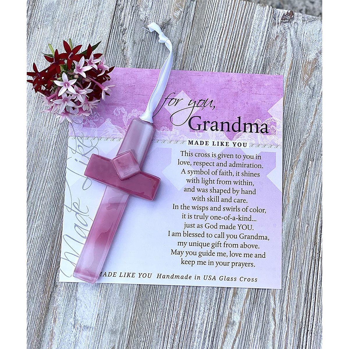 Pink glass cross and artwork with "For You, Grandma" sentiment gift.