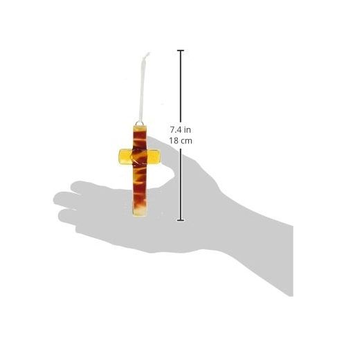 Mock up of brown glass cross in a hand, showing a total length of 7.4" including the ribbon for hanging.
