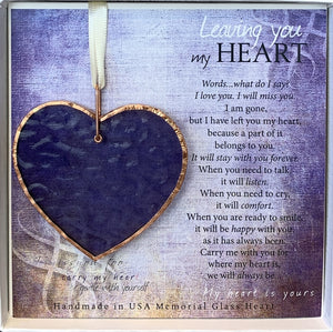 1 of 4:Memorial Gift: Periwinkle stained glass heart with copper edging and ring packaged with