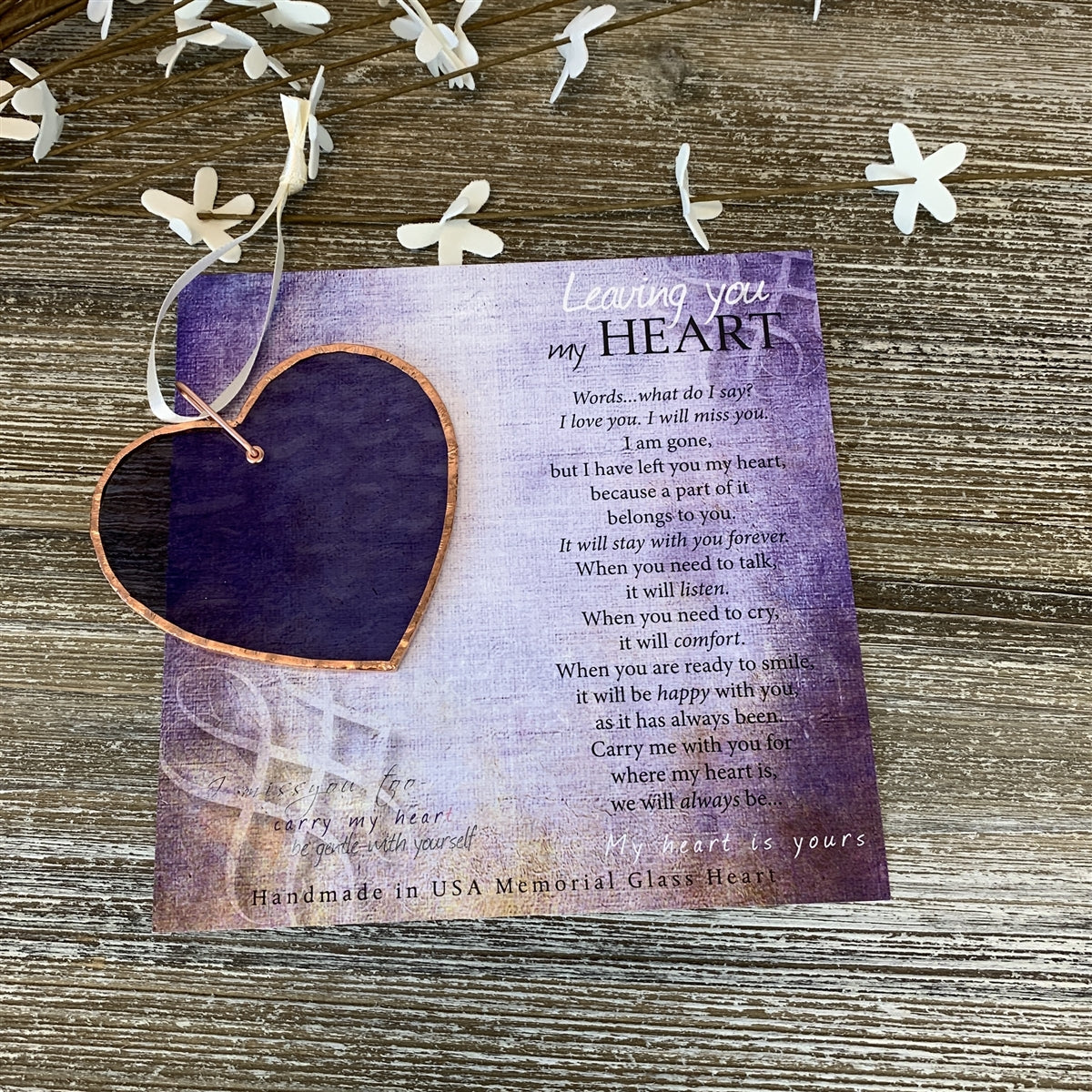 Leaving You My Heart artwork with poem and purple stained glass heart.