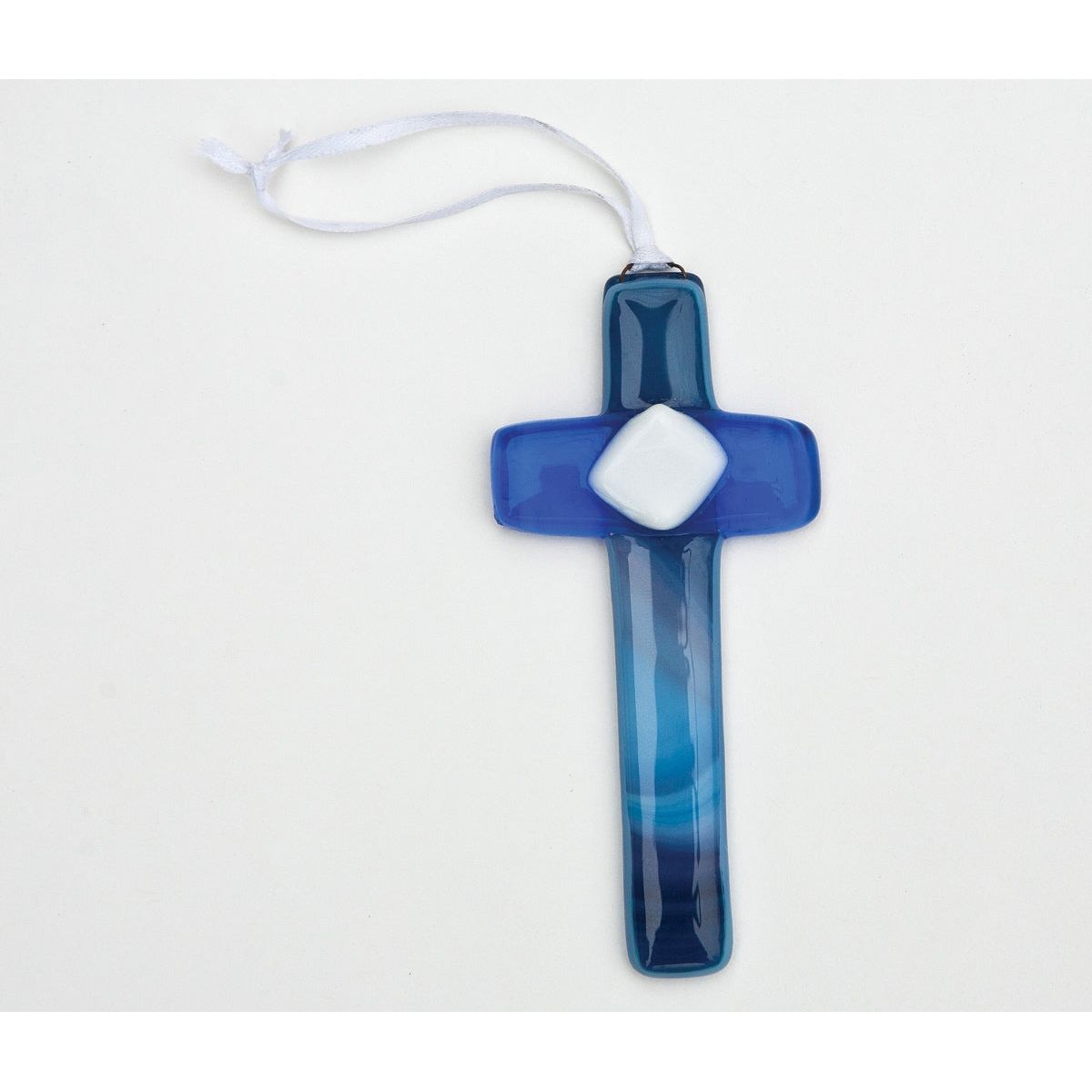 Blue glass cross with white satin ribbon for hanging.