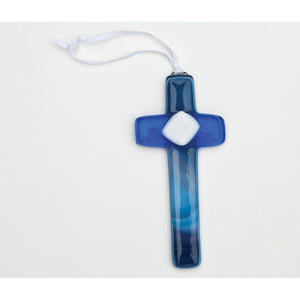 2 of 4:Blue glass cross with white satin ribbon for hanging.