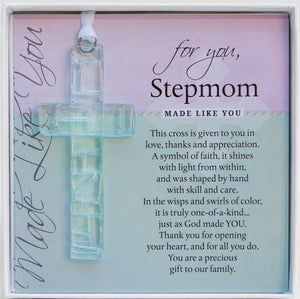 1 of 4:For You Stepmom: Handmade clear mosaic glass cross with sentiment; packaged in a white 5.5