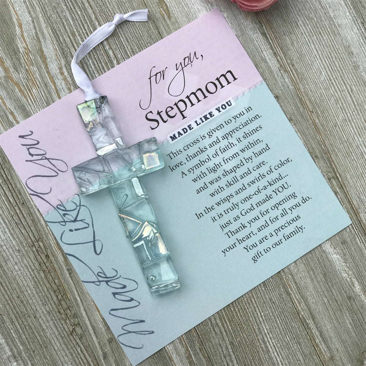 "For You, Stepmom" artwork with sentiment with iridescent mosaic cross.