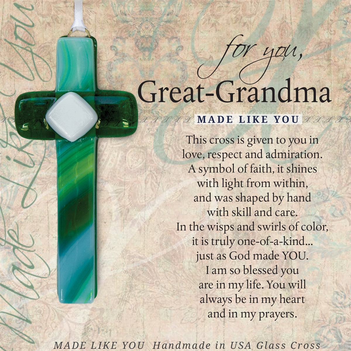 Great-Grandma Gift - Handmade 4" green glass cross and "For You, Great-Grandma" sentiment in white box with clear lid.