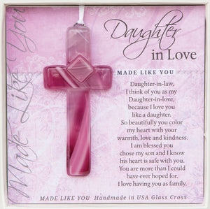 2 of 4:Daughter in Love Gift: Handmade pink glass cross with