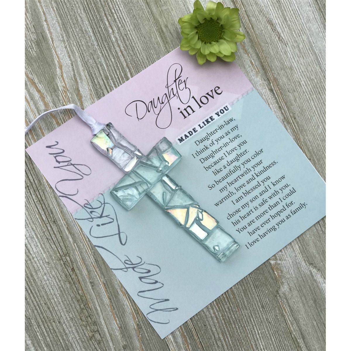 "Daughter in Love" artwork and clear mosaic glass cross.