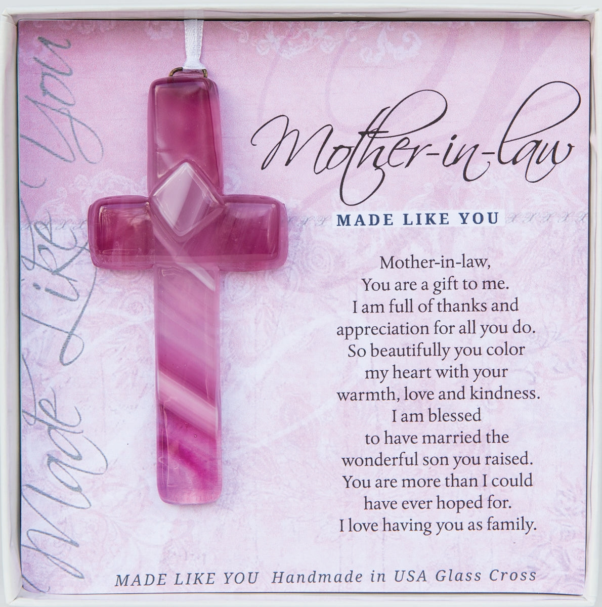 Mother-in-Law Gift - Handmade 4" pink glass cross and "Mother-in-Law" sentiment in white box with clear lid.