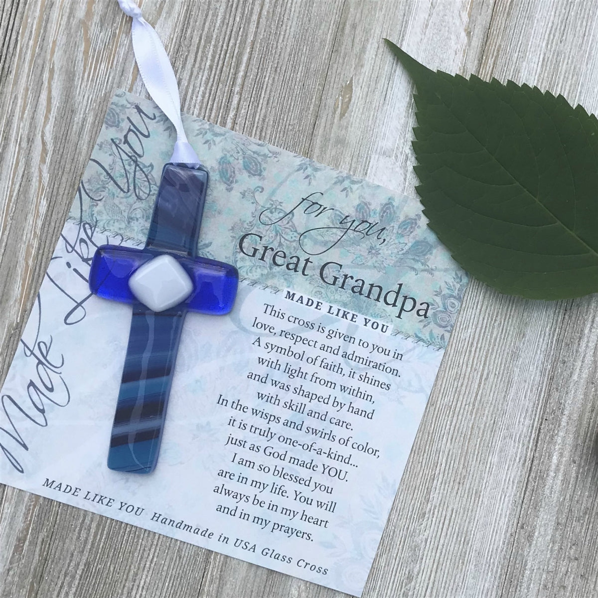 Great Grandpa artwork with sentiment and blue glass cross.