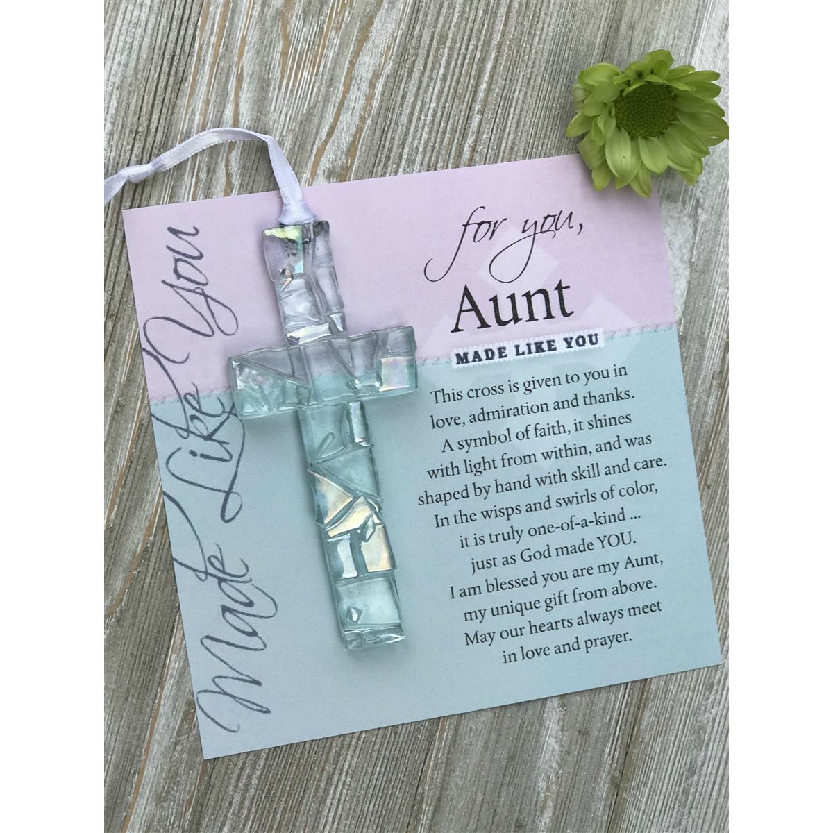 "For You, Aunt" artwork with sentiment with iridescent mosaic cross.