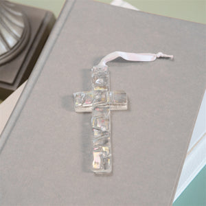 3 of 4:Iridescent clear mosaic cross with white satin ribbon for hanging.