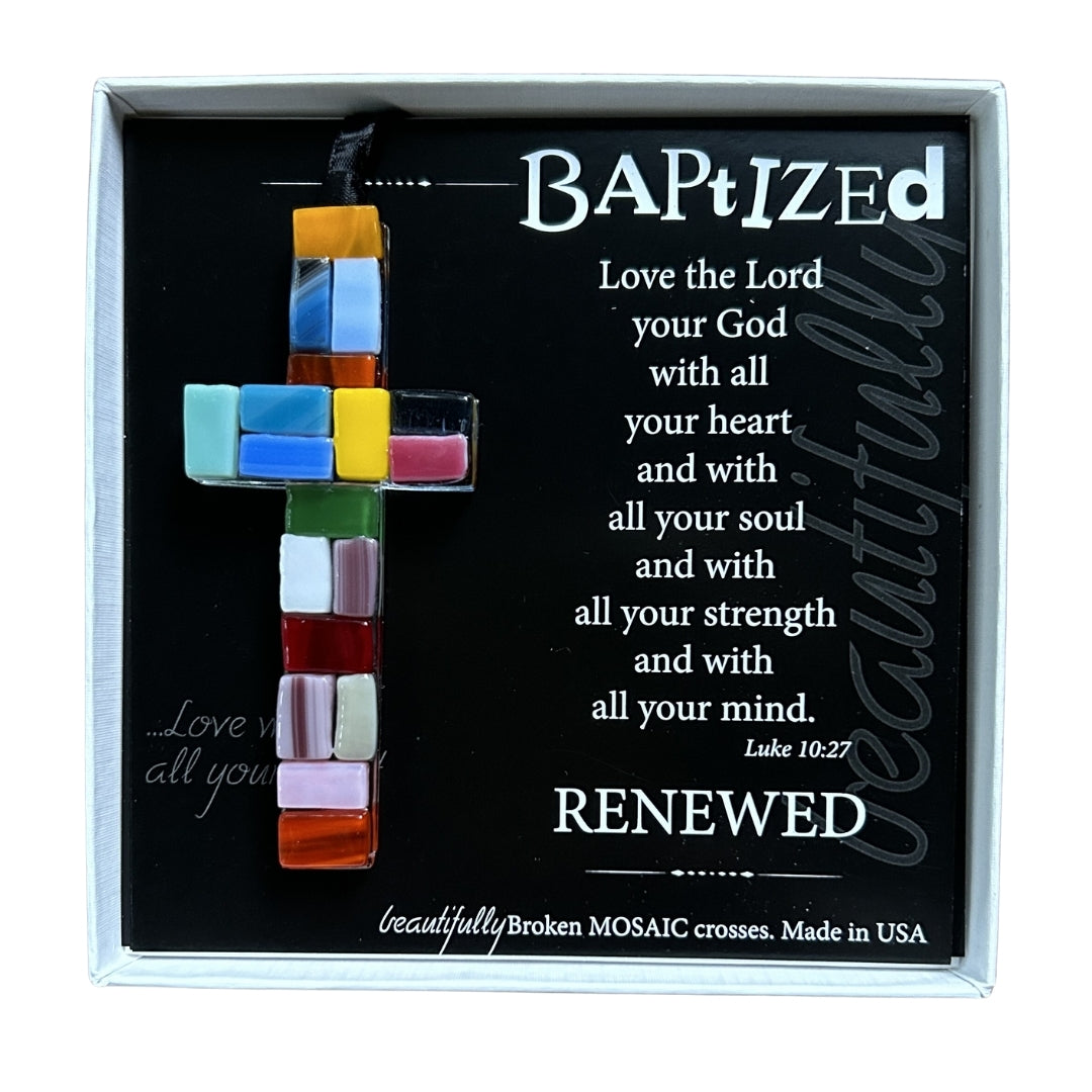 Baptism Gift - 4" hanging "Made in the USA" multi-color mosaic glass cross with scripture verse for Baptism, in white box with clear lid