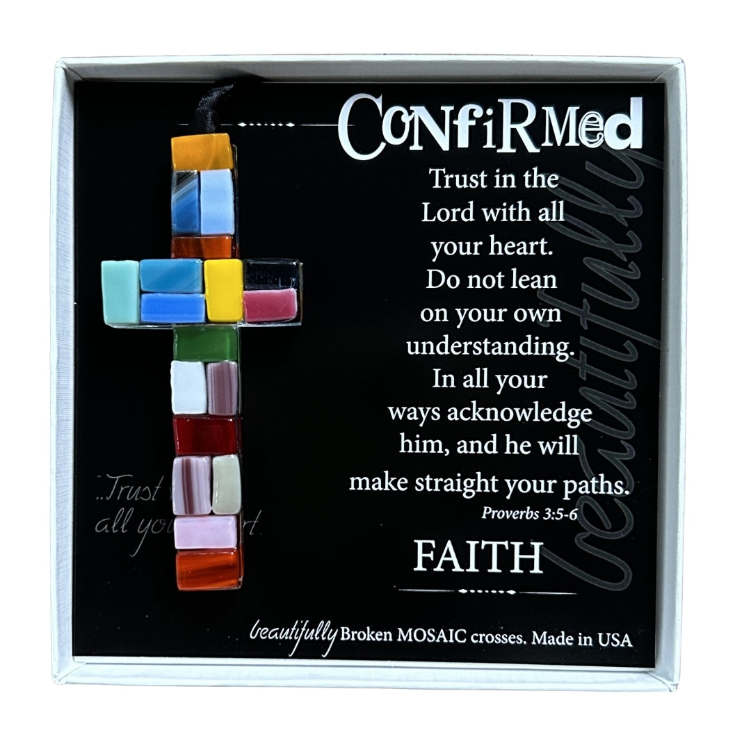 Confirmed Gift - 4&quot; hanging &quot;Made in the USA&quot; multi-color mosaic glass cross with scripture verse for Confirmed, in white box with clear lid.
