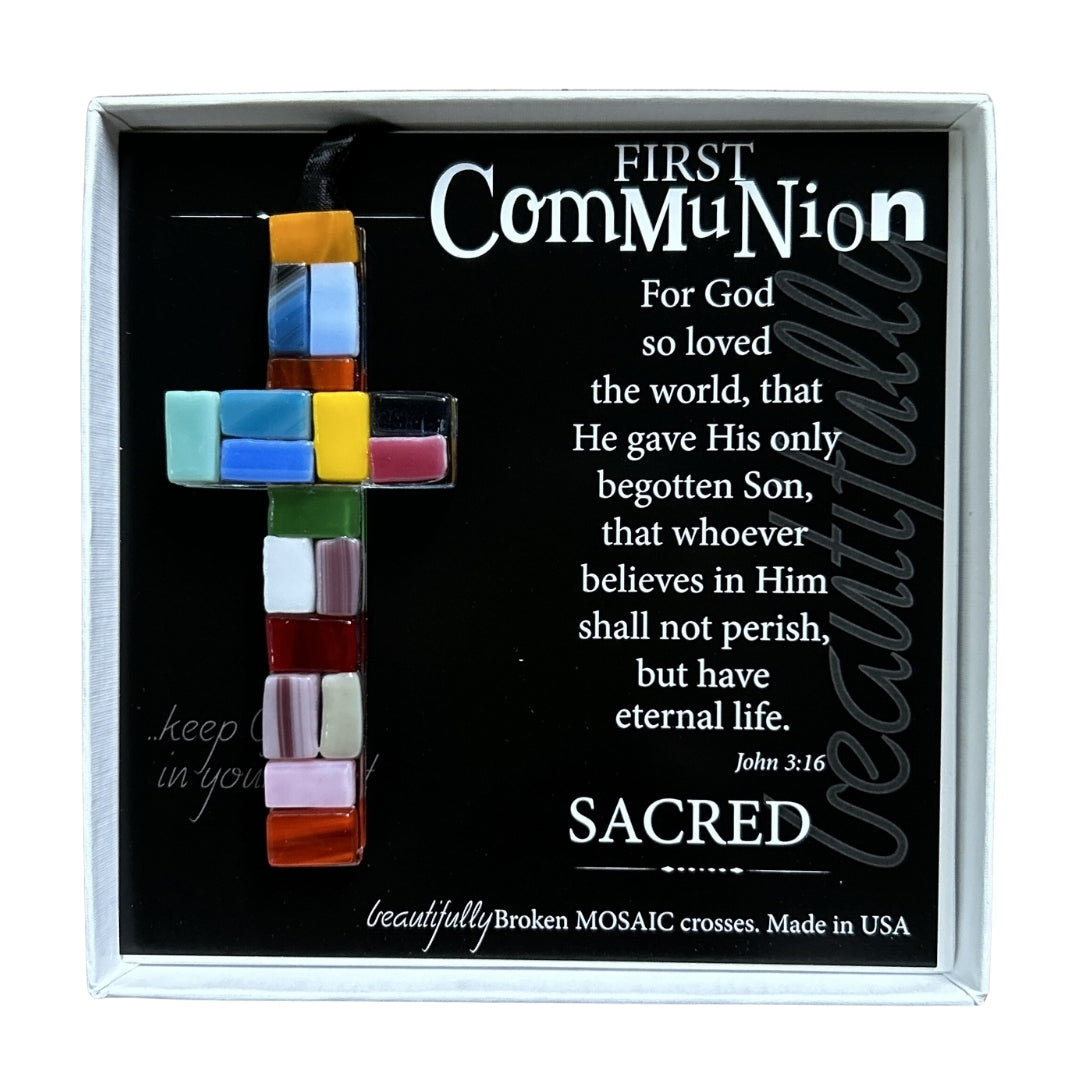 First Communion Gift - 4&quot; hanging &quot;Made in the USA&quot; multi-color mosaic glass cross with scripture verse for First Communion, in white box with clear lid.