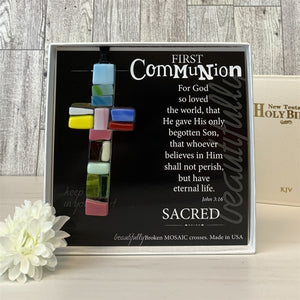 5 of 5:First Communion glass mosaic cross with bible in background.
