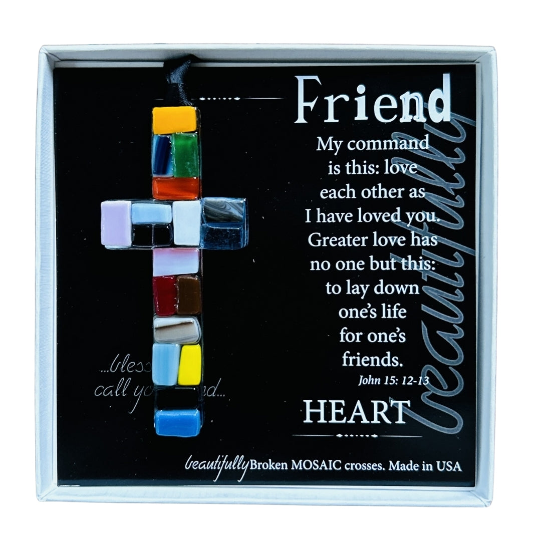 4" hanging "Made in the USA" multi-color mosaic glass cross with scripture verse for a Friend, in white box with clear lid.