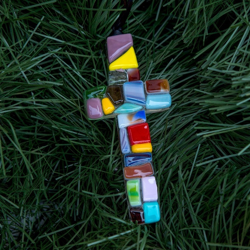 Multi-colored glass mosaic cross.
