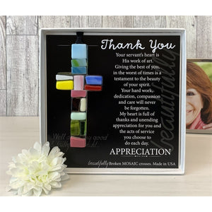 3 of 5:Thank You glass mosaic cross with photo in background.