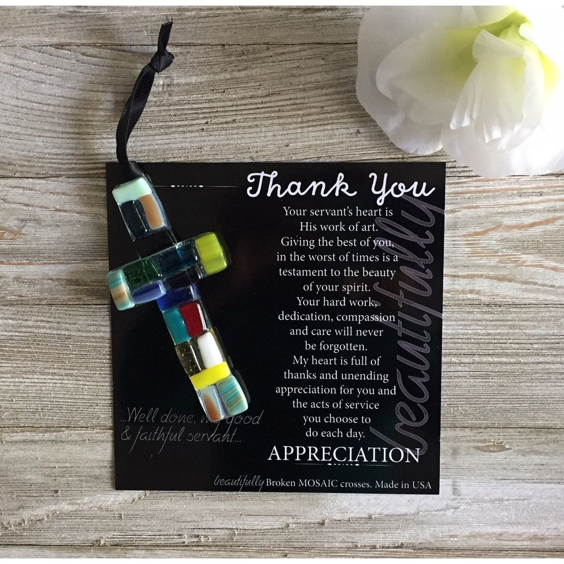 Glass cross with Thank You artwork and sentiment.