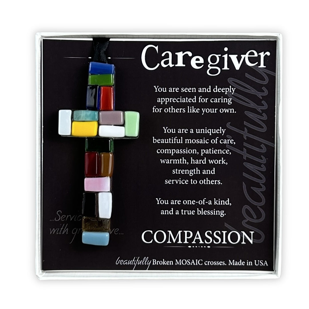Caregiver Gift - 4" hanging "Made in the USA" multi-color mosaic glass cross with sentiment for a Caregiver, in white box with clear lid